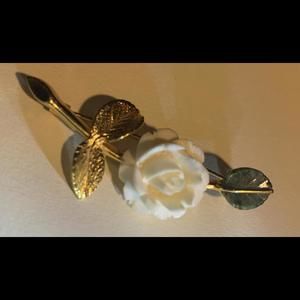 Vintage Hand Carved Elegant Gold-Toned Floral Brooch with White Rose